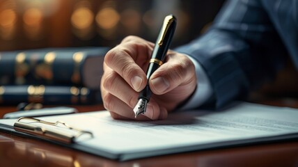 Businessman's Hand Signing Document with Fountain Pen. Legal Paperwork and Contract Signing Concept