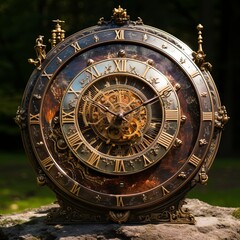 Antique brass clock face with beautiful golden patina, intricate exposed steel gears, elegant Roman numerals on sleek black brass background, encased in a warm brown wooden frame.