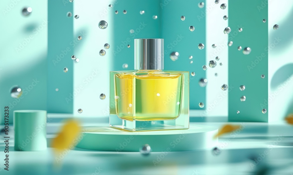 Poster elegant perfume bottle with floating droplets in teal color scheme