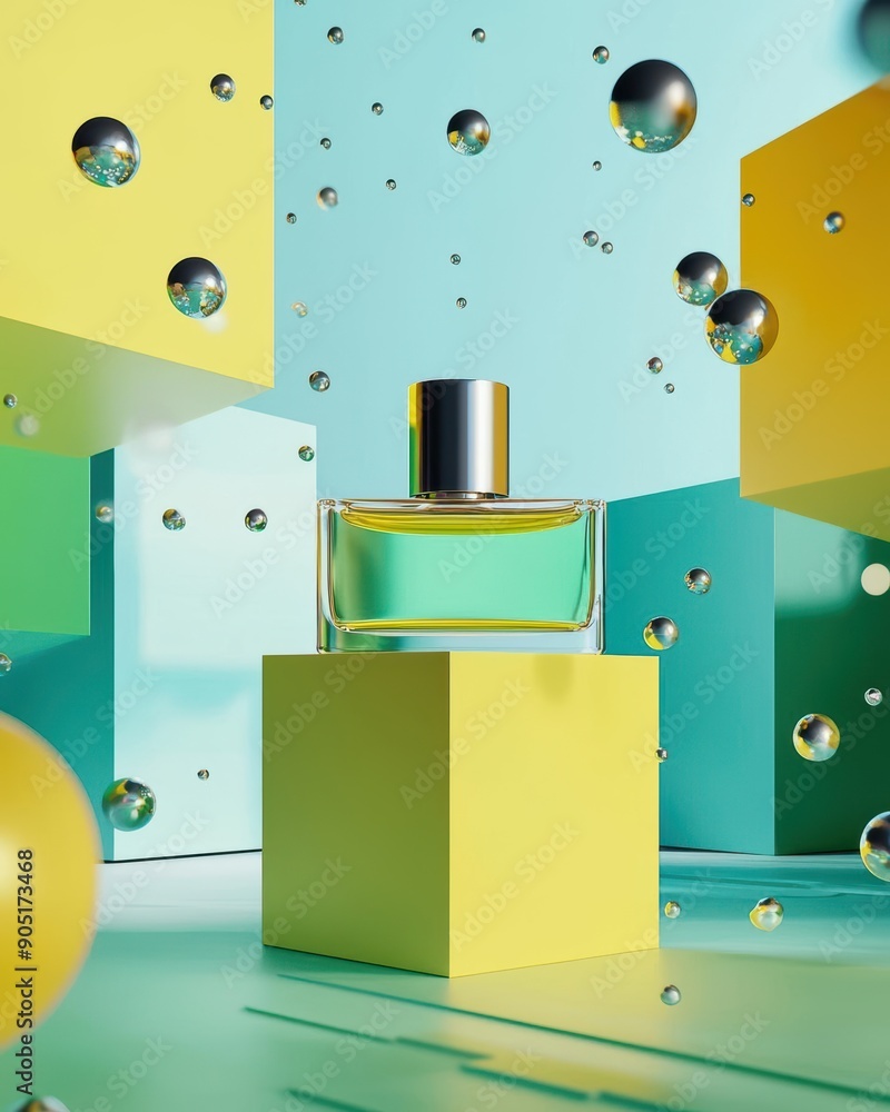 Poster modern perfume bottle with colorful geometric background and floating bubbles