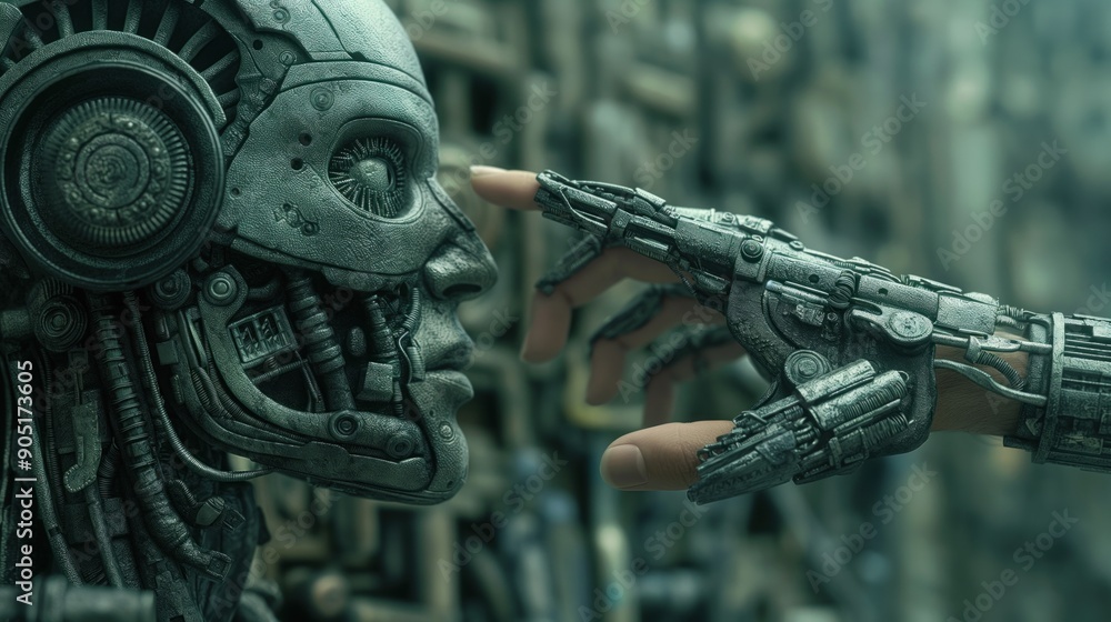 Poster a mechanical hand gently reaches toward a humanoid robot, highlighting the connection between human-