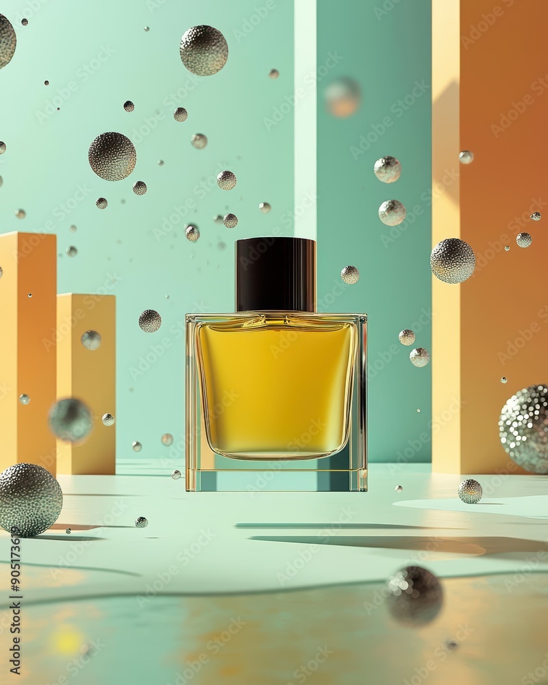 Poster elegant perfume bottle with floating spheres on colorful background