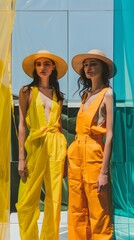 Two Women Wearing Yellow and Orange Jumpsuits Posing in Front of a Mirror