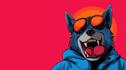 A colorful illustration of a wolf wearing sunglasses, set against a vibrant sunset background.