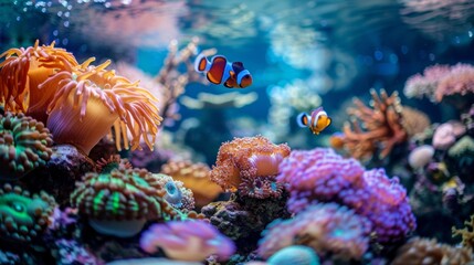 Obraz premium Underwater scene with clownfish and coral