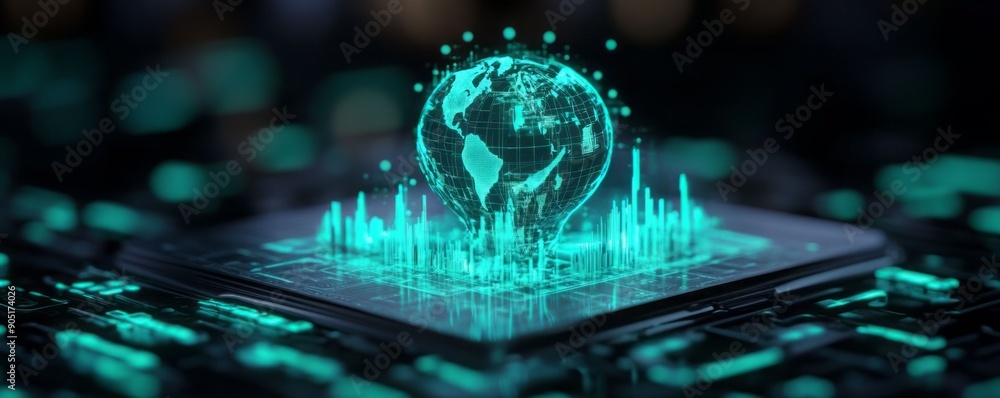 Poster a futuristic digital globe displayed on a circuit board, symbolizing technology, data, and global co