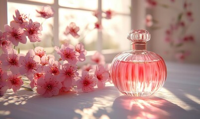 Elegant Pink Perfume Bottle with Cherry Blossoms in Sunlight