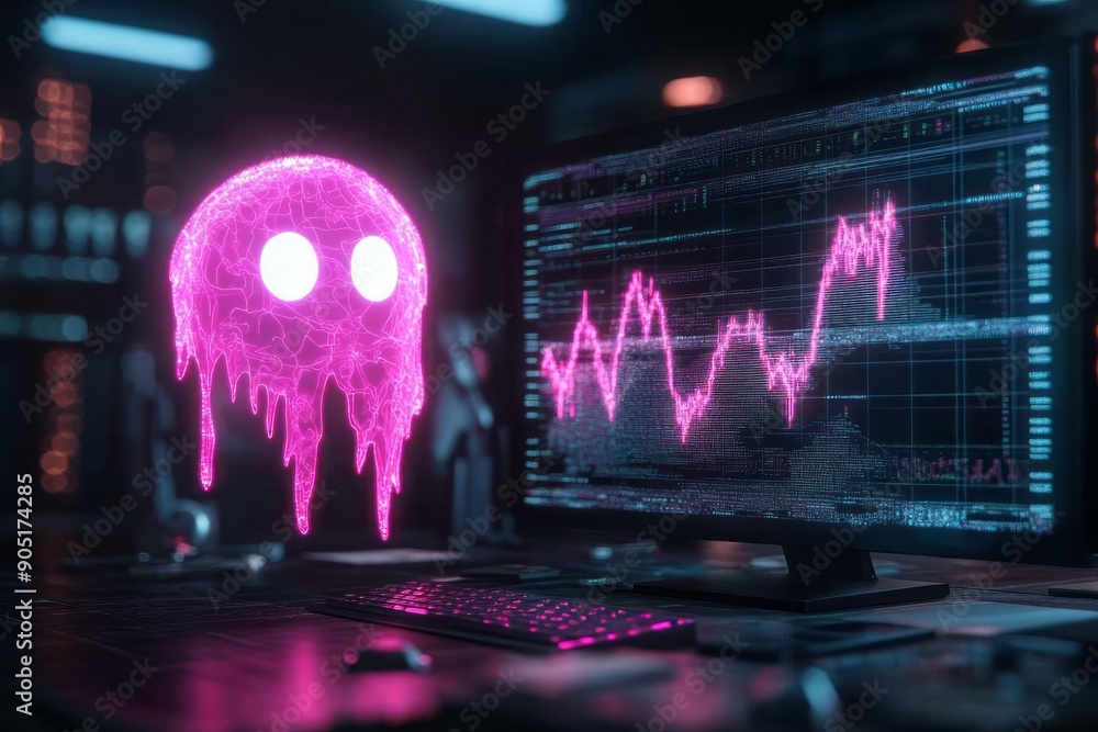 Poster a glowing pink ghost floats beside a computer with vibrant data graphs, merging technology and creat