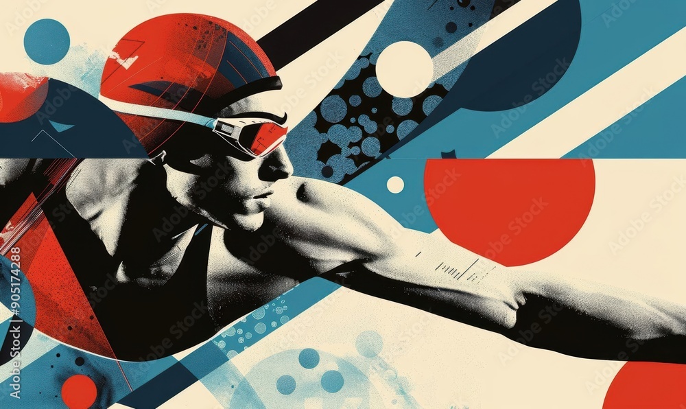Poster abstract swimmer with dynamic red and blue geometric patterns
