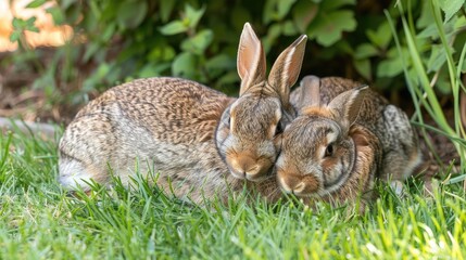 Fototapeta premium Two Cuddling Rabbits Resting on Green Grass in a Garden
