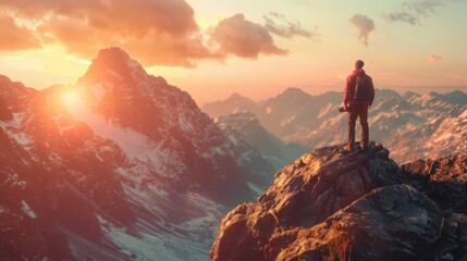 Fototapeta premium Hiker Standing on Mountain Summit at Sunrise