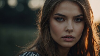 Obraz premium Close-Up Portrait of a Woman with brown hair in blurry background 