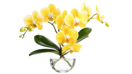 Beautiful flowers composition. Bouquet of yellow orchids in vase on transparent background. Concept Valentines Day, Happy Women's Day, March 8