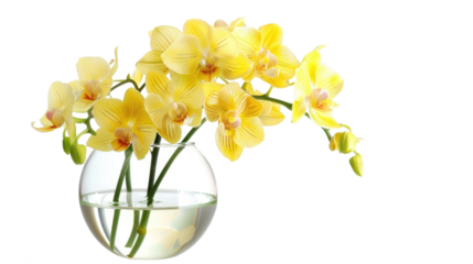 Beautiful flowers composition. Bouquet of yellow orchids in vase on transparent background. Concept Valentines Day, Happy Women's Day, March 8