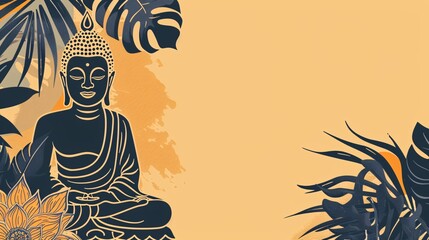 Buddha statue with flowers and leaves background. Vector illustration.