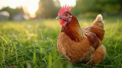 Close-up of a chicken in a grassy meadow, feathers ruffled by the wind.