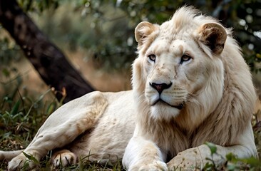 Scene where a beautiful white lion is lying down in the forest