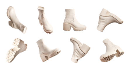 Beige leather stylish women's platform boots isolated on transparent background. Fashionable autumn spring shoes, collection. With clipping path. Cut out boots. Layout with footwear Mock up
