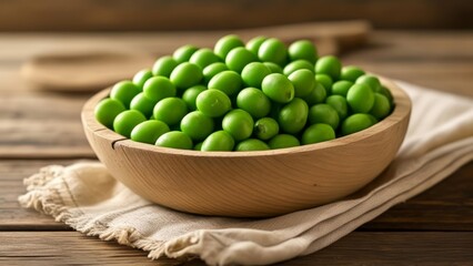  Fresh and vibrant green peas in a wooden bowl