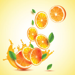 Fresh Half Orange Fruits with slice with splash Yellow Background Vector