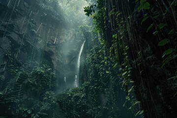 Obraz premium Waterfall Cascading Through Lush Green Rainforest Canyon