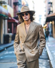 Obraz premium Stylish Individual in Beige Suit and Hat Strolling in Urban Alleyway