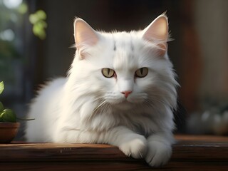 Photorealistic cute white fluffy cat portrait