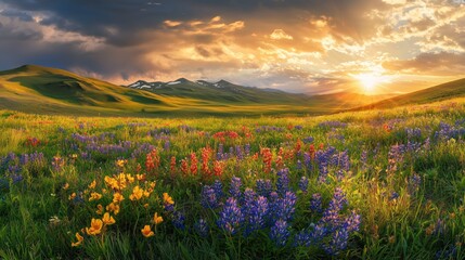 Fototapeta premium Serene Panoramic view of Blooming Green Meadow under Golden Sunlight