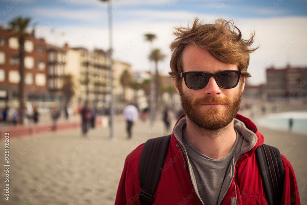 Wall mural A man with a beard and sunglasses stands on a beach