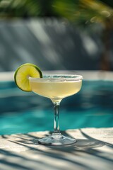 Refreshing margarita cocktail with a lime slice on the rim, set against a blurred blue pool backdrop and sunlit shadows.