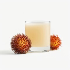 Medium shot of Glass of Rambutan juice near the Rambutan, isolated on a white background, 