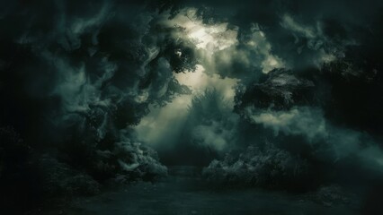 Fototapeta premium A mystical, haunting backdrop of a dense dark green enveloped in a thick fog