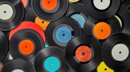 Top view of vinyl records with music background