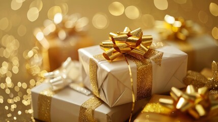Luxurious Gold Wrapped Gifts with Bokeh Lights