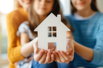 Family Celebrating Togetherness by Holding a White House Model Indoors in Natural Light