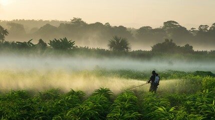 Worker using fogging machine to disperse insecticide in a large area, targeting mosquito populations and reducing the risk of disease