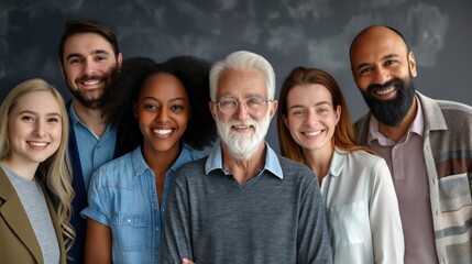 Six people of different ages and ethnicities stand close together in front of a gray backdrop, all smiling and looking directly at the camera