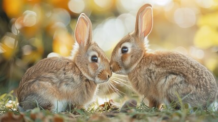 Fototapeta premium Two Adorable Baby Rabbits Nuzzling Each Other in a Sunny Meadow