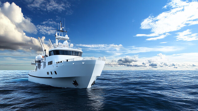 A modern research vessel sails across the ocean, with the horizon visible 