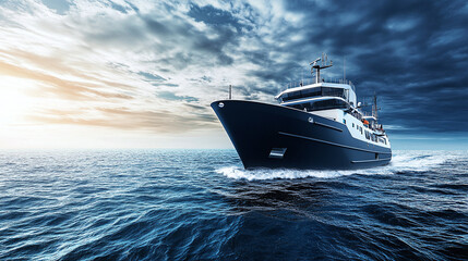 Naklejka premium A modern research vessel sails across the ocean, with the horizon visible 