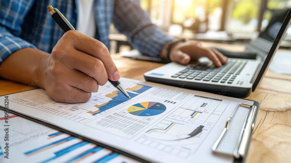 Poster a person reviews charts and graphs on paper while simultaneously using a laptop in a well-lit office