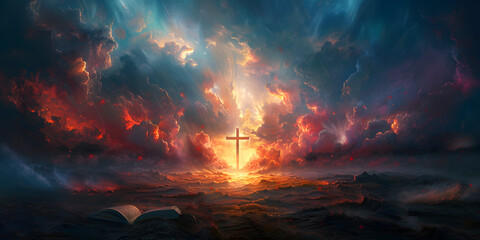 Cross, Bible, and Sky in a Serene Scene. Symbolic Representation of Faith and Spirituality Under an Open Sky. Capturing the Essence of Devotion and Divine Connection.