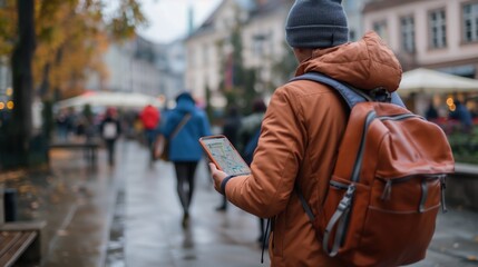 A person in a brown jacket and beanie holds a smartphone while walking down a busy, rainy street in a lively European city during the autumn season