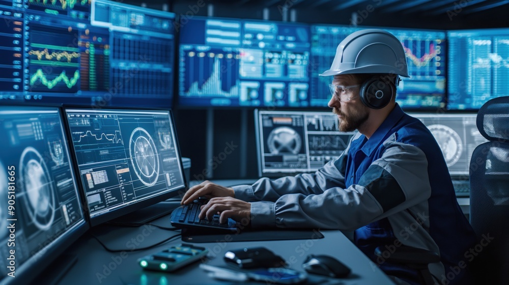 Poster an industrial technician analyzes operational data on multiple computer monitors in a control room, 