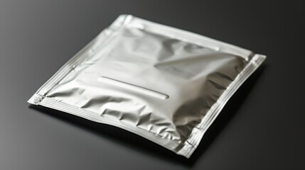 A shiny, silver packet sits unopened on a dark table surface, reflecting soft light in the background, creating an intriguing visual contrast