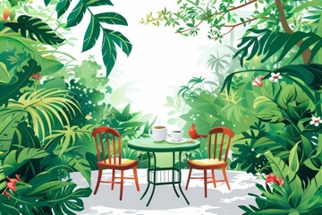 A tranquil atmosphere at a garden cafe, surrounded by lush greenery and soothing bird songs. Perfect spot to unwind and recharge.