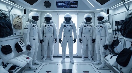 White astronaut suits stands inside a high-tech spacecraft, preparing for their upcoming mission in a sleek, modern environment