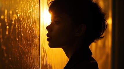 A person stands silhouetted by warm sunlight streaming through a textured wall, capturing a moment of quiet reflection during the evening hours