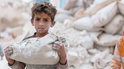 Portrait of a boy lifting a heavy bag of cement, strained expression, soft-focus background highlighting the construction materials around him, child labor.
