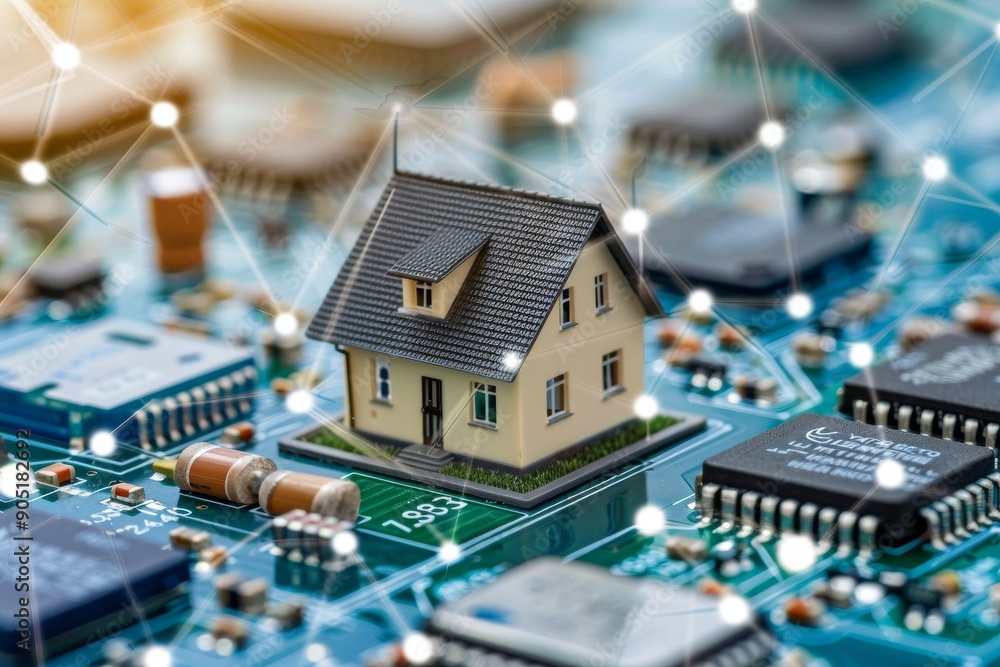 Poster illuminated house model on a circuit board, representing the integration of smart technology in hous